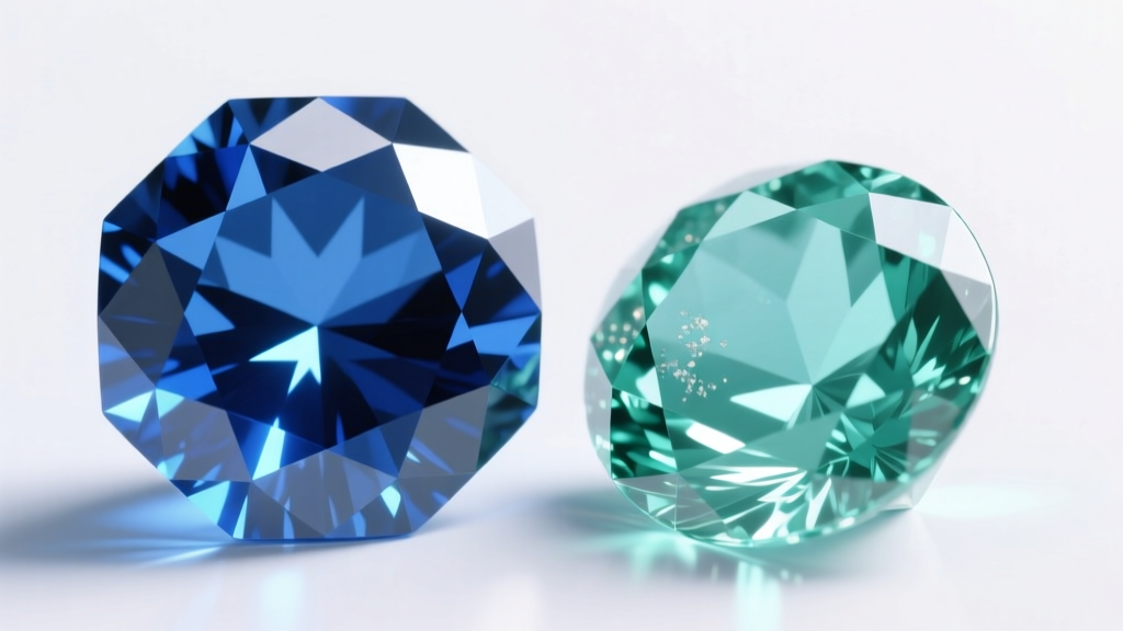 Close-up of a faceted London blue topaz and an aquamarine gemstone side by side under bright professional jewelry studio lighting
