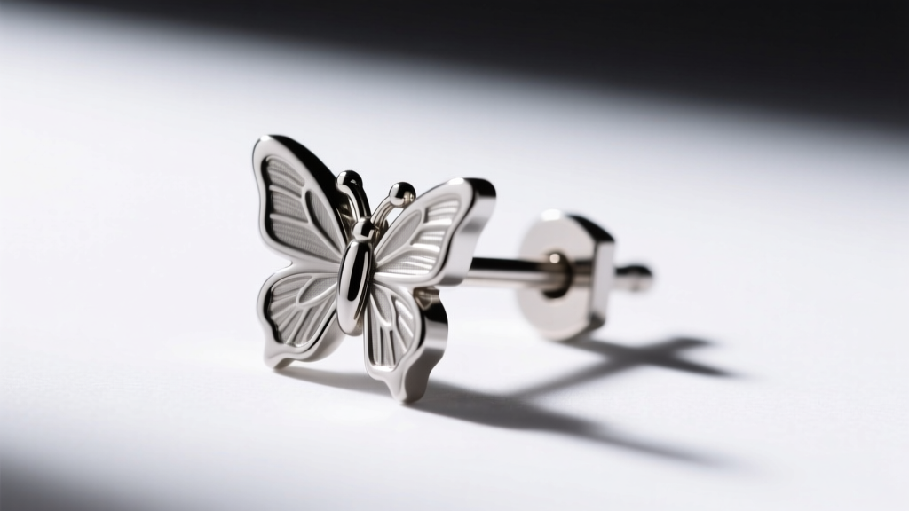 Macro photograph of a 20-gauge titanium earring post with a seized butterfly clutch, illuminated by bright clinical studio lighting.