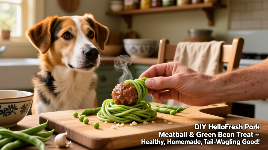 A happy mixed-breed dog sitting beside a human hand holding a small pork meatball and green bean 'noodles'