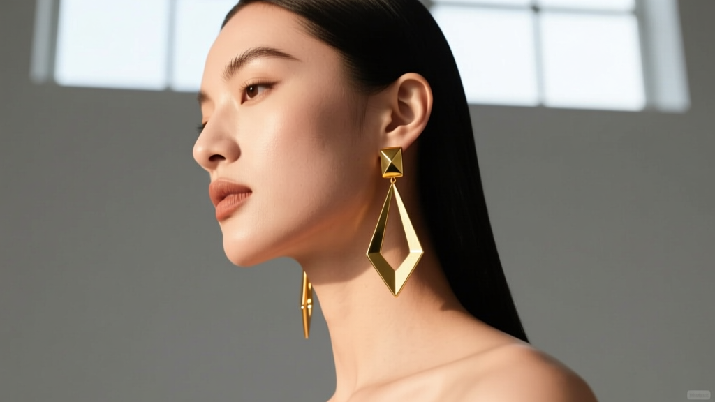 Model wearing elongated 14k gold drop earrings and geometric huggies complementing an angular jawline in soft studio light