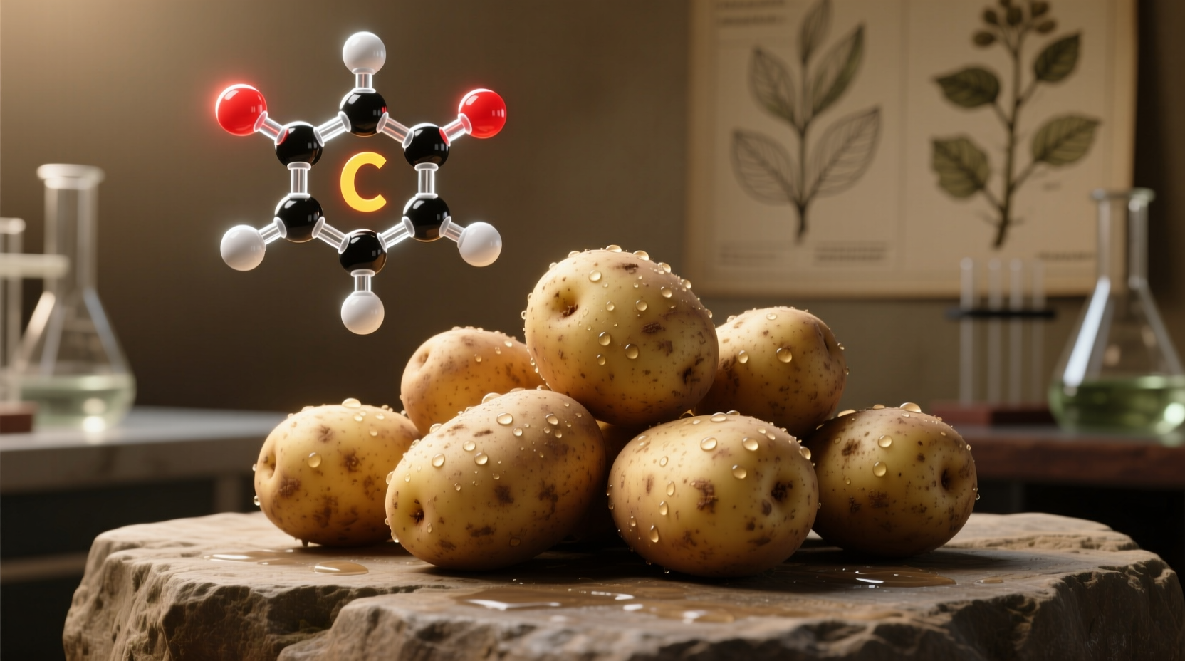 Raw potatoes with vitamin C molecular structure