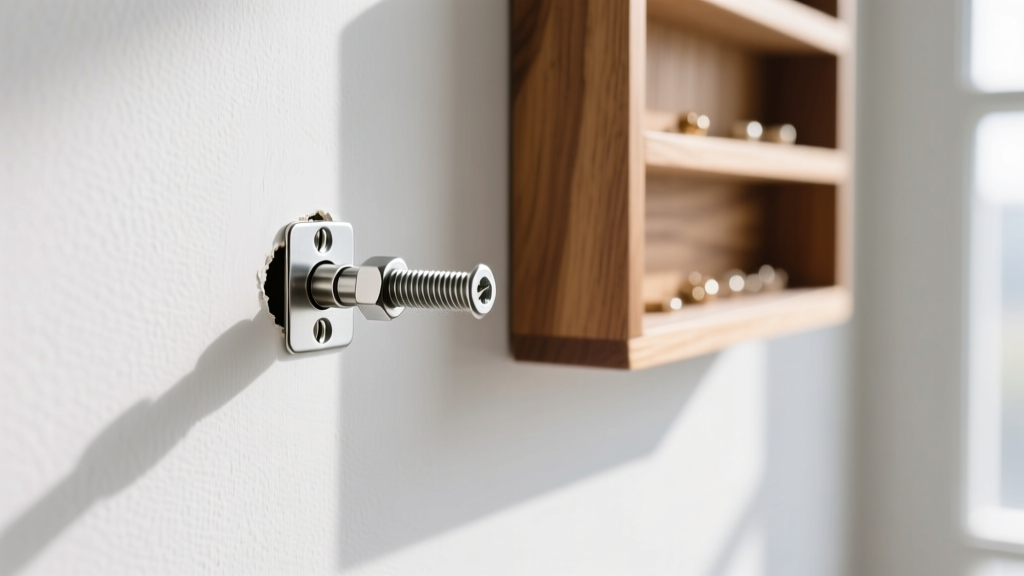 Steel toggle bolt drywall anchor inserted into a half-inch hole in white drywall beside a wooden wall mounted jewelry organizer.