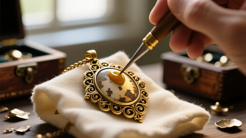 Macro close-up of applying Renaissance wax to a tarnished brass pendant on a plunder necklace using a soft microfiber cloth