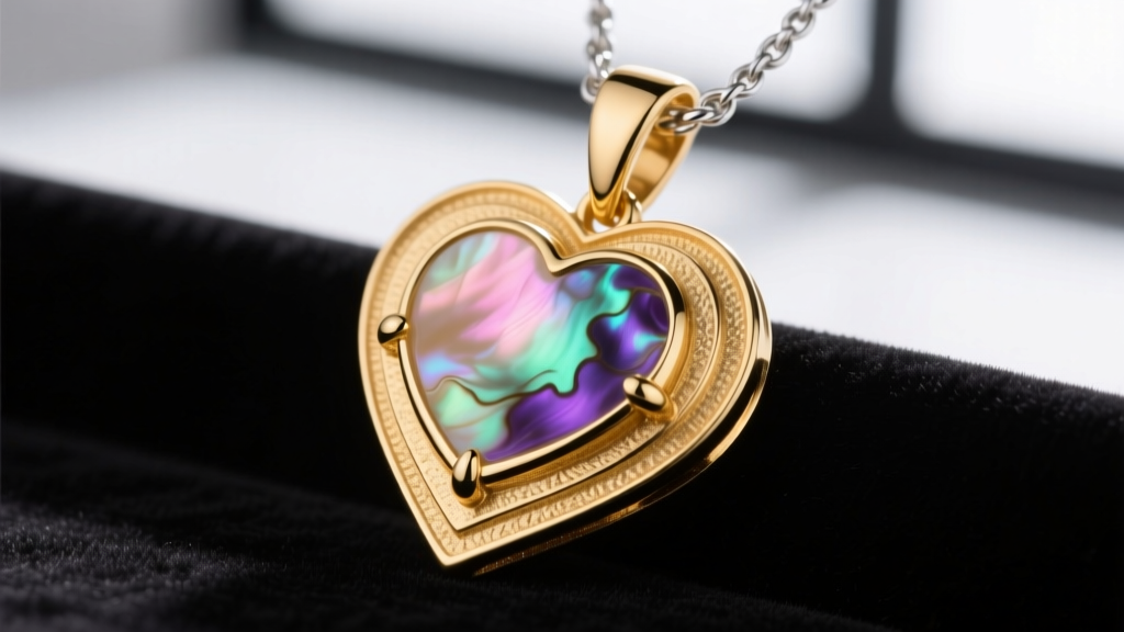 Macro shot of a 14k gold vermeil heart pendant, showing thick gold layers and a securely prong-set polished abalone shell inlay.