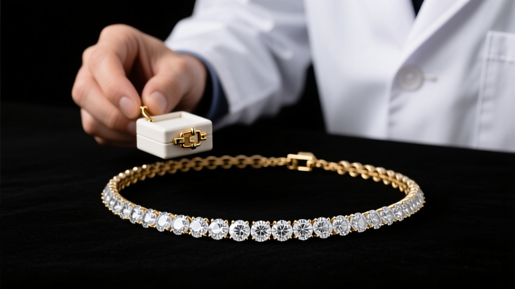 Jeweler inspecting a box clasp with safety catches on a heavy lab-grown diamond tennis necklace under bright studio lighting.