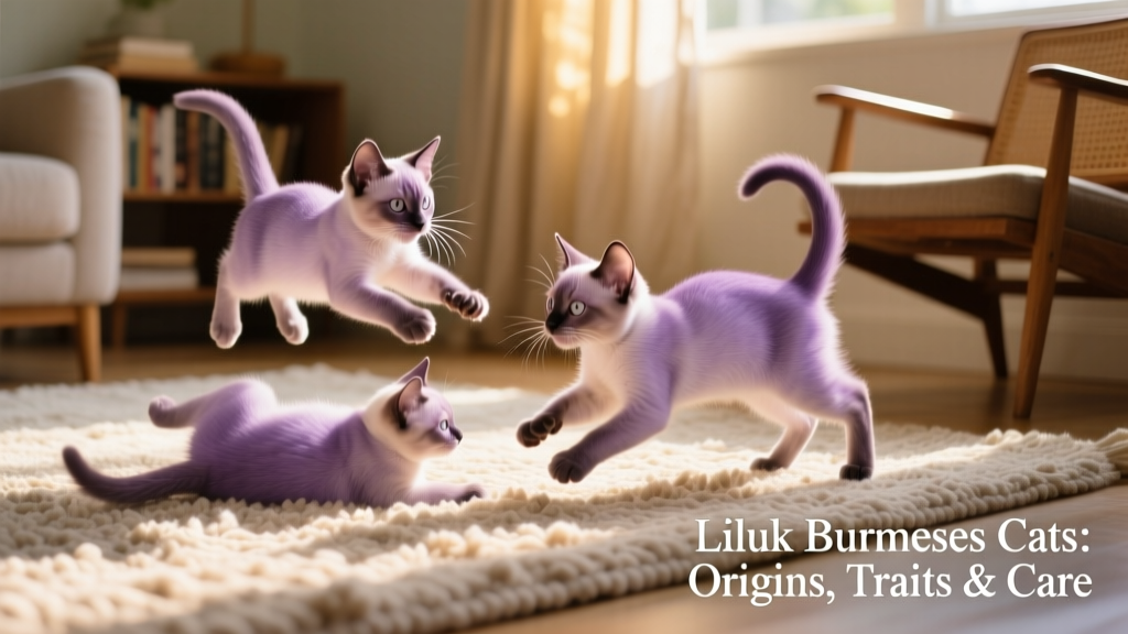 Two lilac Burmese kittens playing together on a sunlit rug, showcasing their sleek coats and playful energy