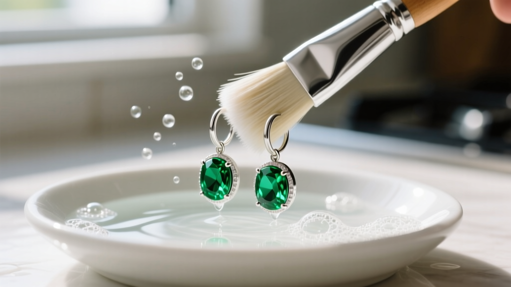 Soft brush gently cleaning emerald and silver hoop earrings in mild soapy water, highlighting safe jewelry care techniques.
