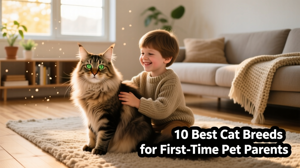 A fluffy Maine Coon sitting calmly beside a smiling child on a living room rug