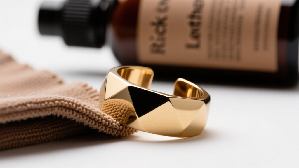 Microfiber cloth polishing the raised edges of a Rick Owens brass ear cuff, with leather conditioner blurred in the background.