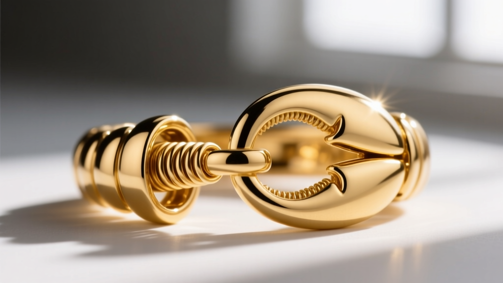 Close-up of a 14k gold lobster clasp engaging with a jump ring, showing the internal spring tension mechanism under bright light.