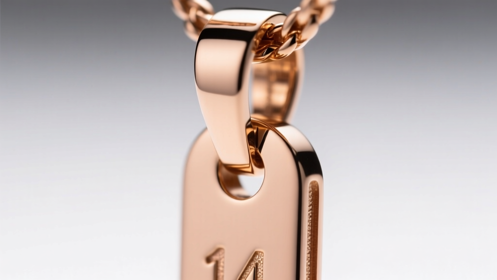 Macro shot of a hidden bail on a vertical drop name pendant, highlighting the laser-welded joint on polished 14k rose gold metal