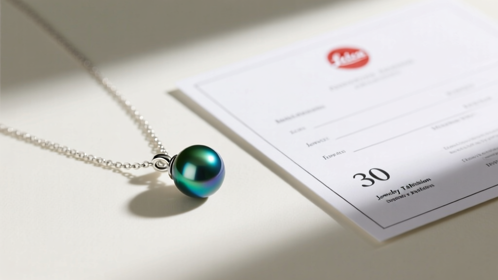 A minimalist flat lay of a mid-tier Tahitian pearl pendant on a silver chain resting next to a printed jewelry appraisal document