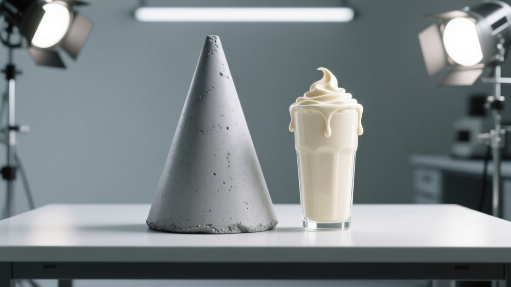 Material science lab table showing a steel slump cone of gray concrete beside a tall glass of thick vanilla milkshake under bright testing lights