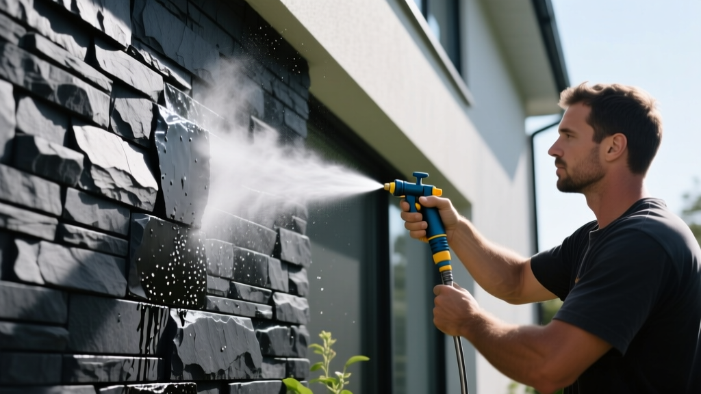 Mason applying penetrating siloxane sealer to a dark charcoal stack stone veneer exterior wall using a low-pressure garden sprayer