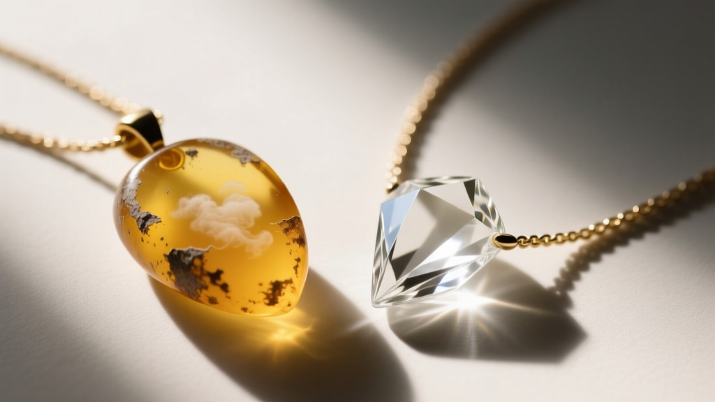 Macro shot of a yellowed UV resin pendant next to a pristine borosilicate glass ashes necklace in bright natural light.
