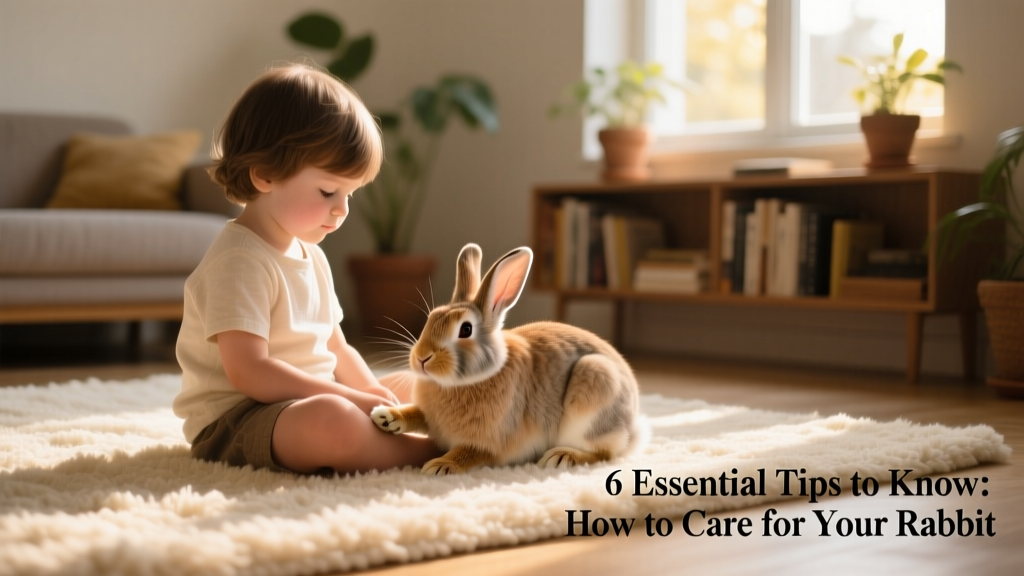 A child sitting calmly beside a relaxed rabbit on a soft rug, both engaged in quiet, respectful interaction