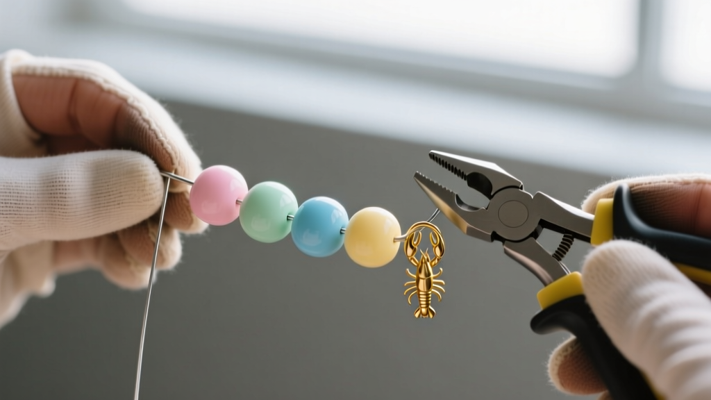 Jeweler stringing pastel polymer clay candy beads onto steel beading wire using a crimping tool and a gold lobster clasp