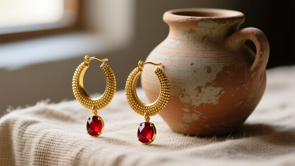 Ancient-style granulated gold hoop earrings with carnelian drops on rustic linen cloth beside antique clay pottery.
