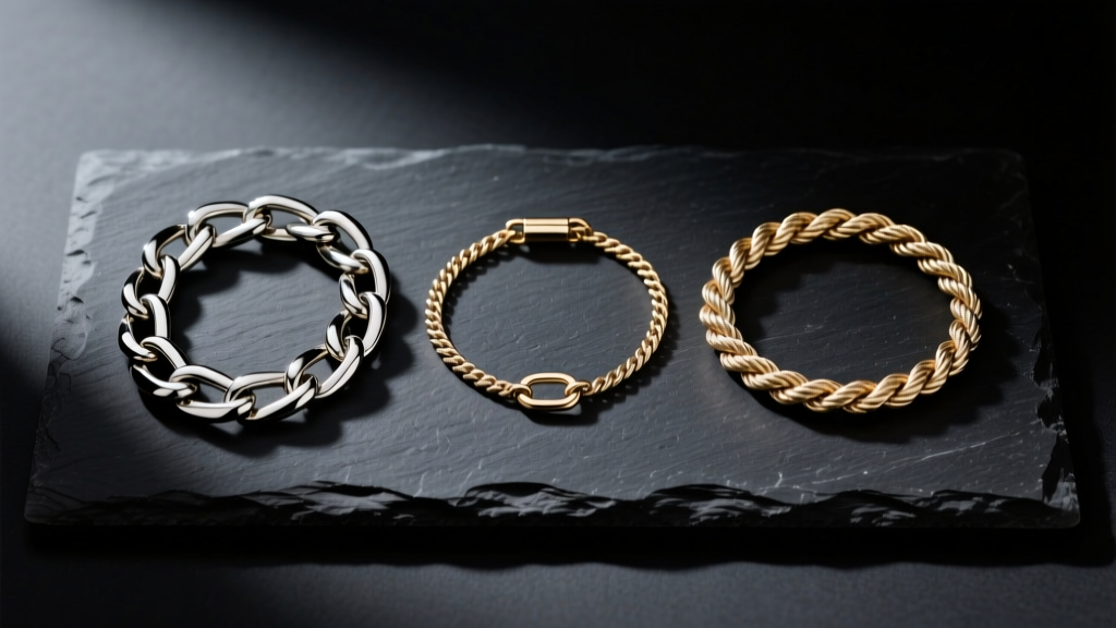A Cuban link, figaro, and rope chain arranged neatly on a dark slate surface under dramatic moody lighting to show link textures.