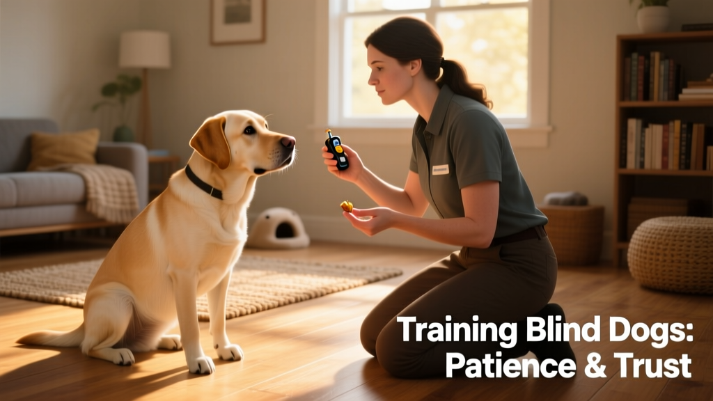 A trainer kneeling beside a calm, attentive dog, holding a clicker in one hand and a small treat in the other, mid-session