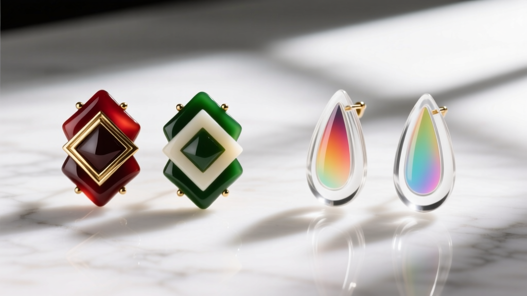 Side-by-side of heavy Bakelite 1920s style earrings and lightweight modern acrylic reproductions on a white marble surface.