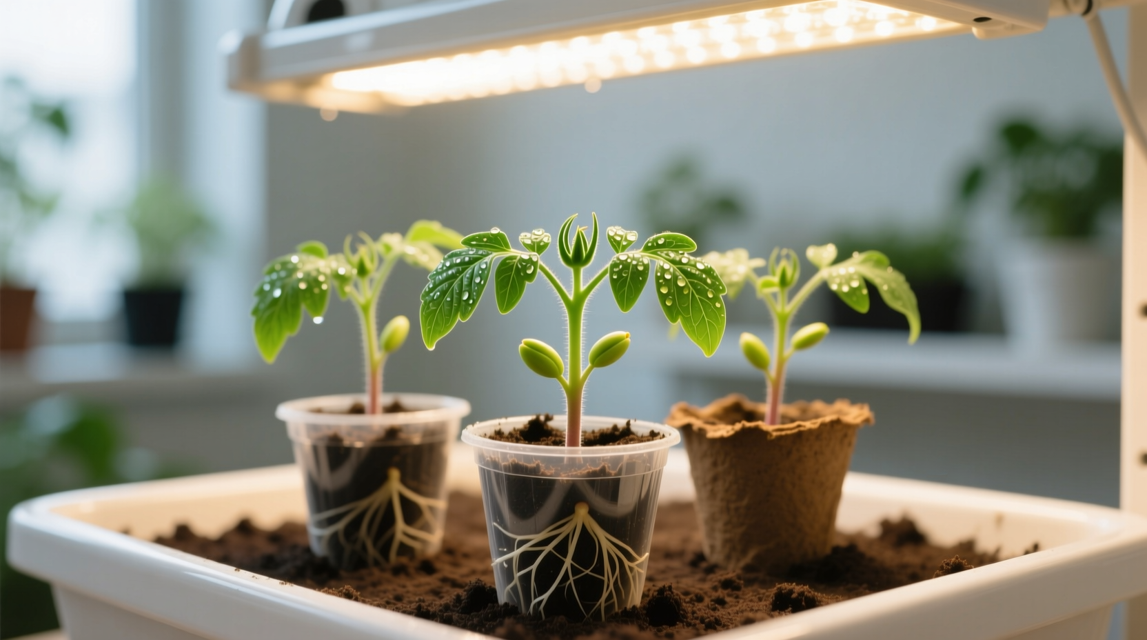 Healthy tomato seedlings in starter pots with grow lights