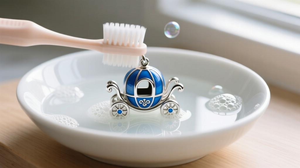 Soft baby toothbrush gently scrubbing a sterling silver carriage charm with blue enamel in a bowl of lukewarm soapy water.