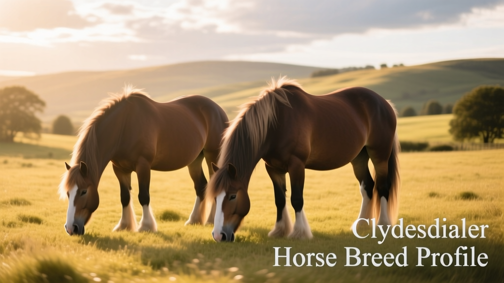 Clydesdale horses grazing peacefully in a sunlit pasture