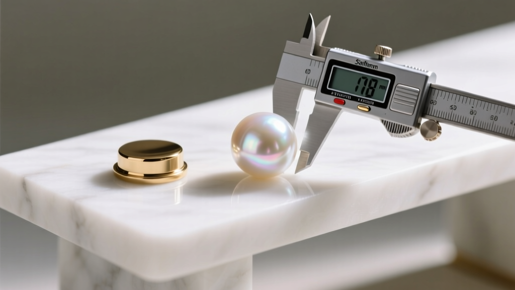 Loose 18mm South Sea drop pearl on a bench next to a brass setting cap and digital calipers measuring the gem's exact dimensions.