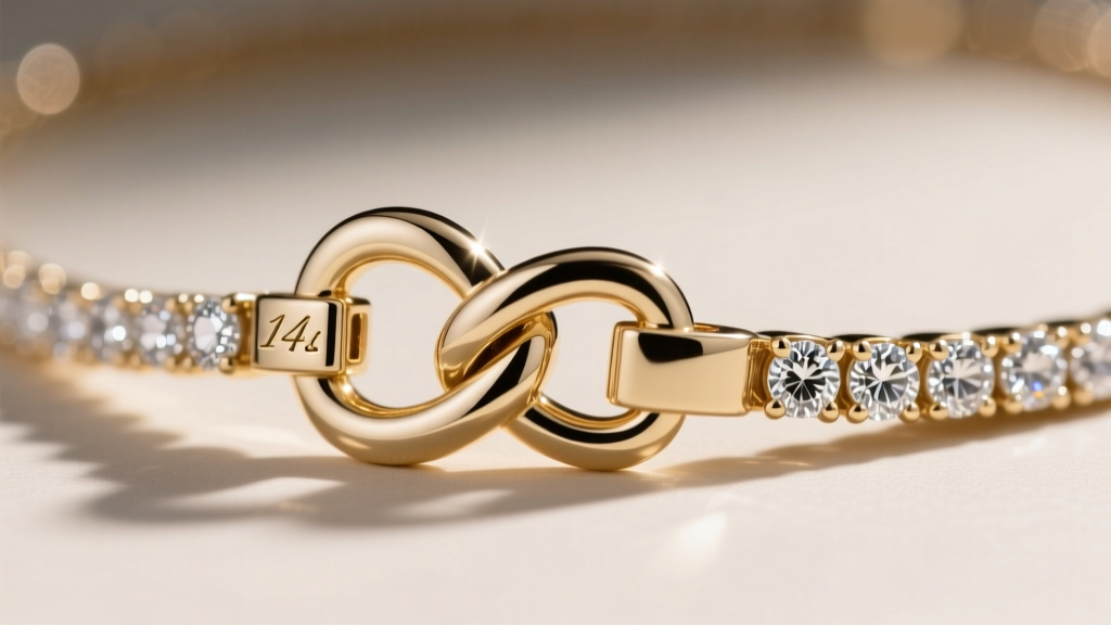 Close-up of a secure 14k white gold box clasp with a figure-eight safety latch engaged on a delicate diamond tennis necklace