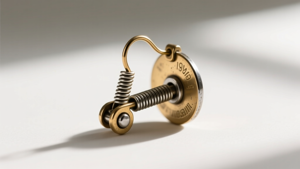 Side profile of a vintage 1950s paddle-back clip-on earring mechanism showing the tension spring and wide metal contact pad.