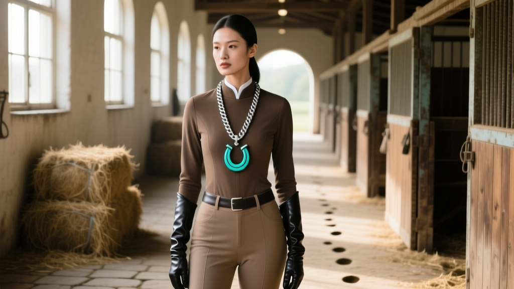 Equestrian woman wearing a 20-inch oxidized silver rope chain with a turquoise horseshoe pendant, standing in a stable aisle.