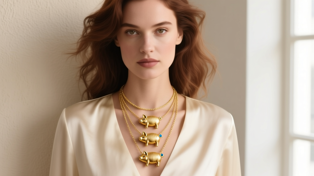 Woman wearing a layered 14k gold piggy necklace on a delicate cable chain with a cream silk blouse, soft natural lighting.