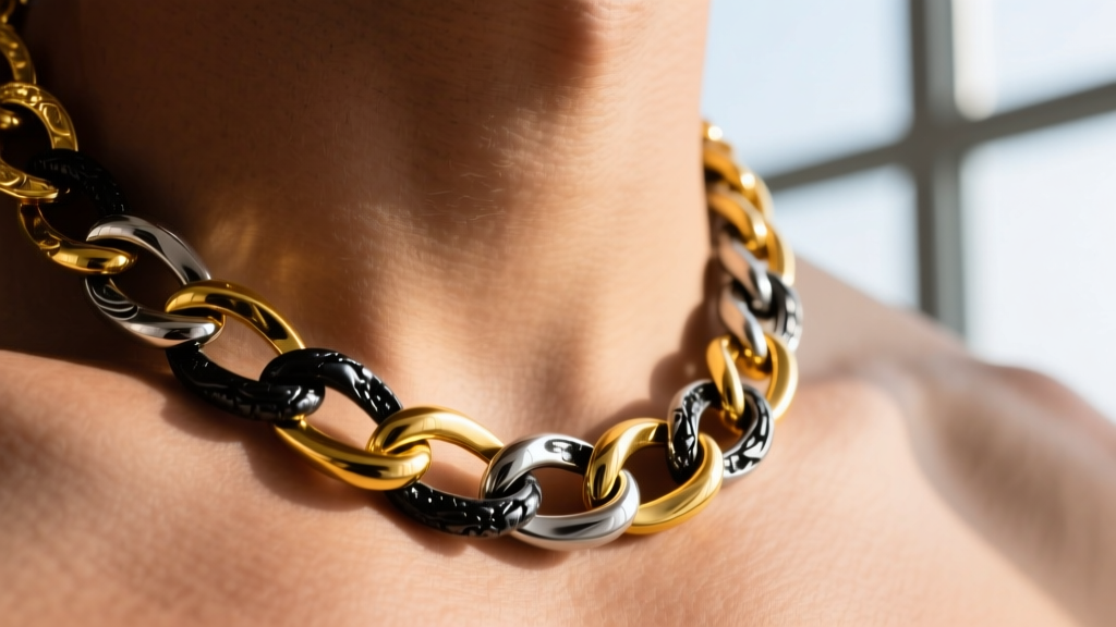 Close-up macro shot of a mixed-metal mens necklace showing interlocking 14k yellow gold vermeil and oxidized silver links on skin