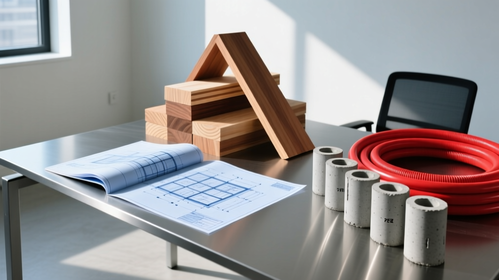 Blueprints on a desk next to stacked dimensional lumber, concrete core samples, and red PEX piping in a sunlit site office.