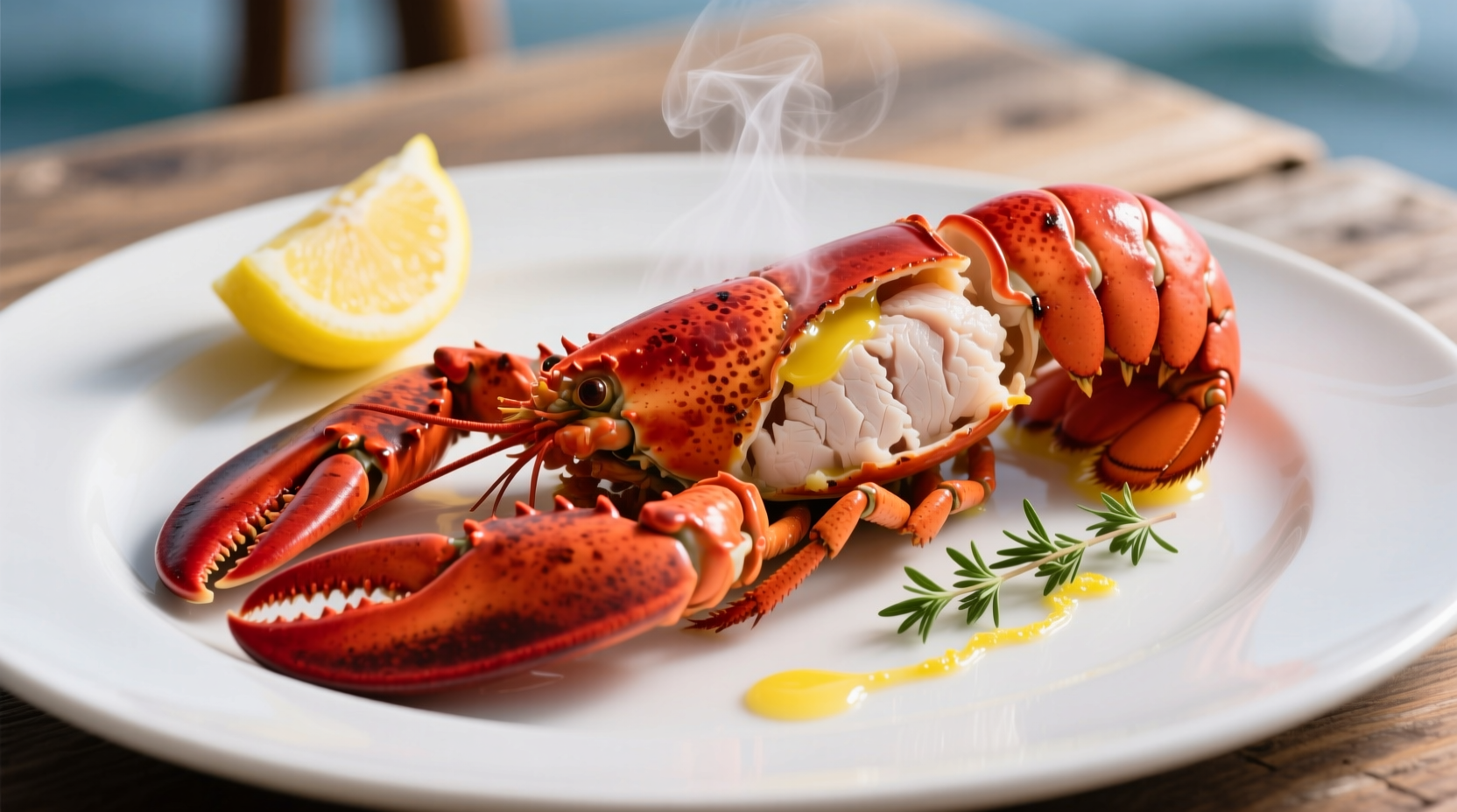 Perfectly cooked lobster tails on plate with lemon