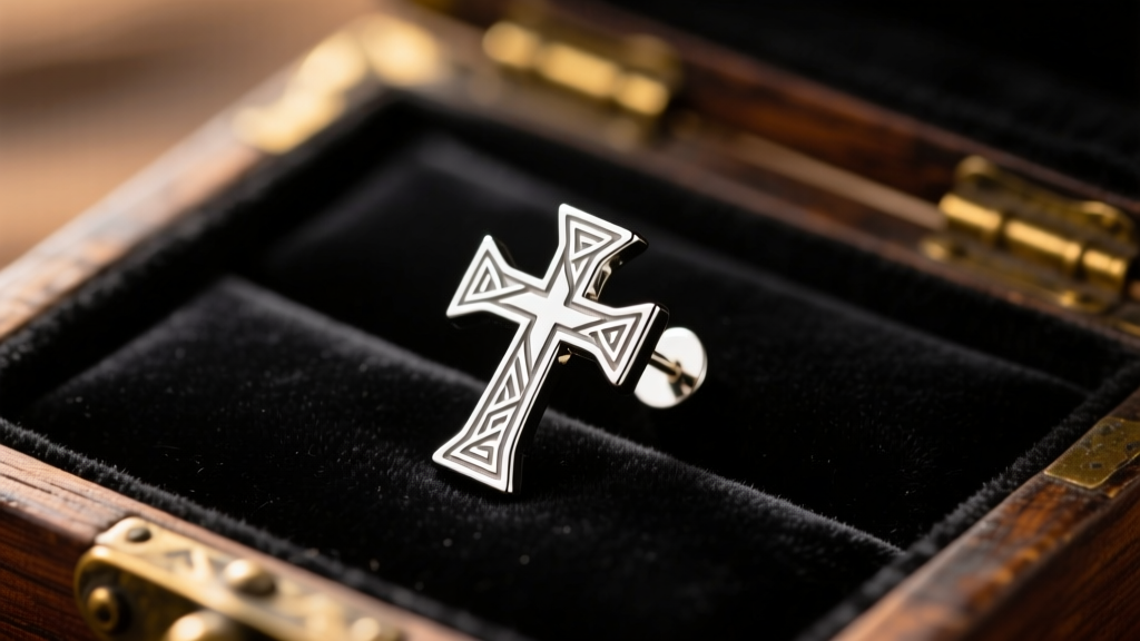 Close-up of a silver Greek cross anime stud earring resting on dark velvet in a jewelry box with soft moody lighting.