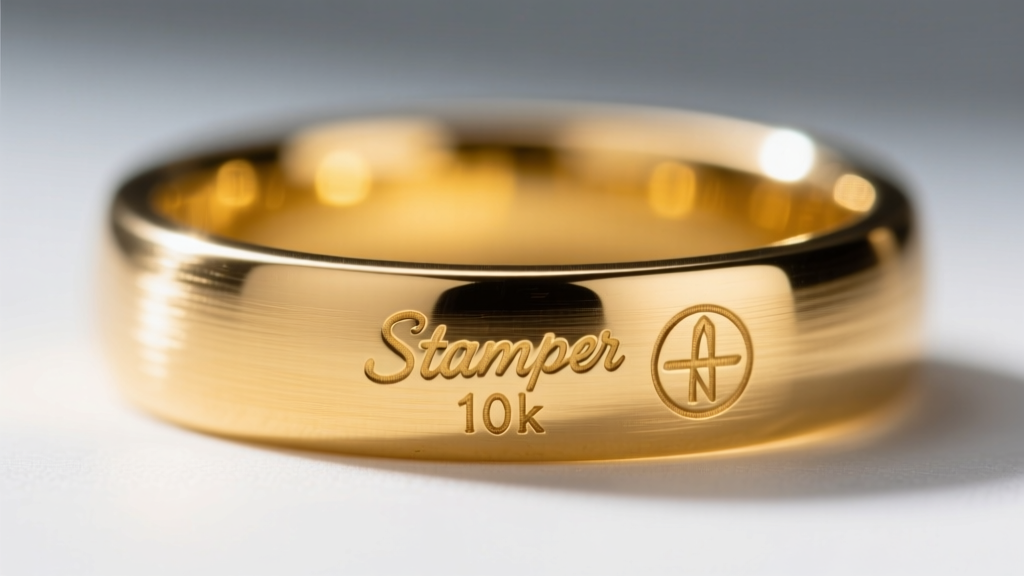 Macro shot of a 10k gold ring shank showing the stamped Stamper hallmark and origin mark under bright jewelry loupe lighting