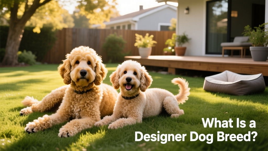 Two well-groomed designer dogs—a Goldendoodle and a Labradoodle—playing side by side in a sunlit backyard