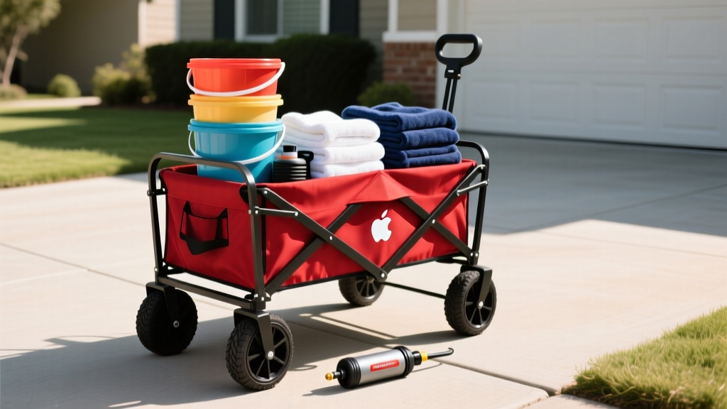 Red Mac Sports collapsible wagon loaded with car wash buckets, microfiber towels, and a portable tire inflator on a driveway.