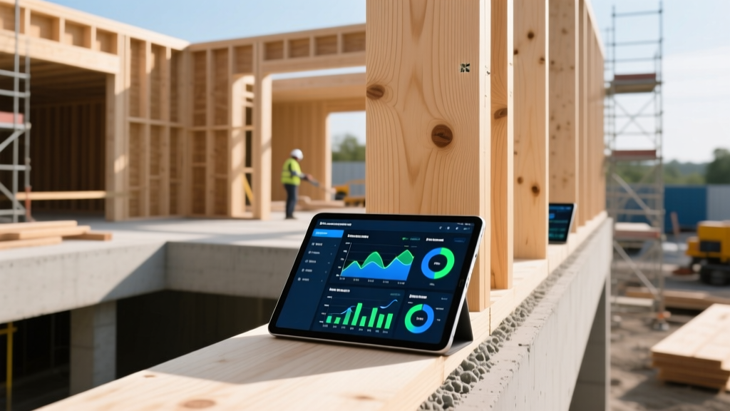 Modern site featuring cross-laminated timber framing, low-carbon concrete pours, and digital tablets showing supply chain analytics