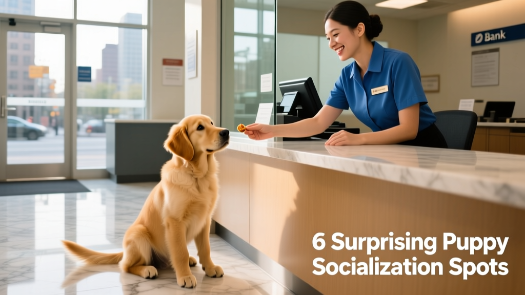 Puppy sitting politely beside a bank teller window while a smiling employee offers a small treat