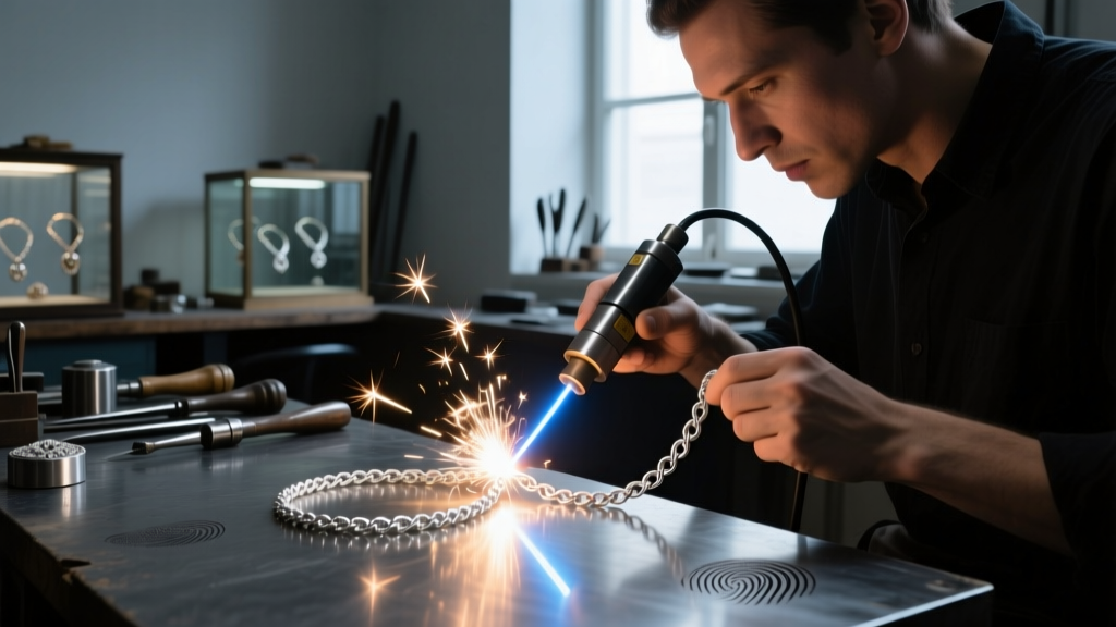 Jeweler using a laser welder to fuse a delicate broken silver rope chain, with bright sparks illuminating the dark workshop space