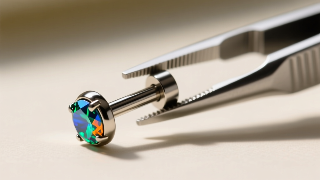 Macro shot of an implant-grade titanium threadless labret stud with a prong-set opal end held by professional jewelry forceps