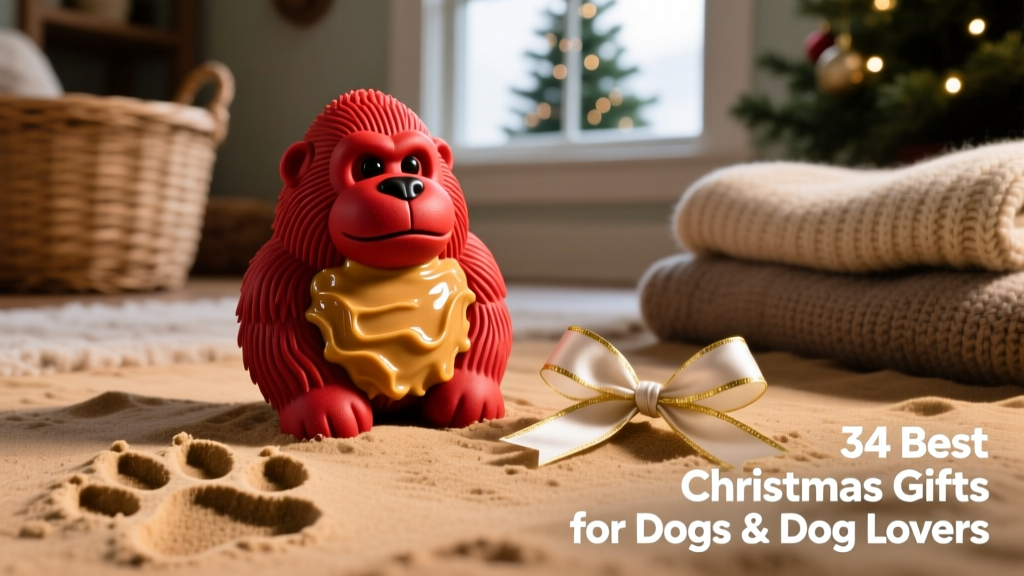 A sturdy red KONG toy filled with peanut butter, sitting beside a paw print and holiday ribbon