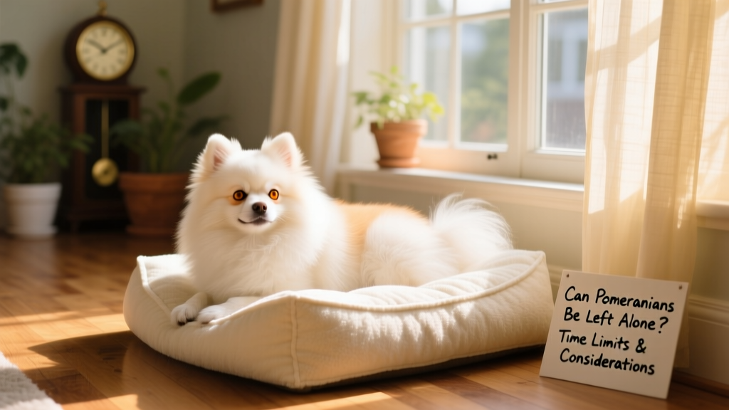 A calm, relaxed Pomeranian resting on a cozy dog bed near a sunny window