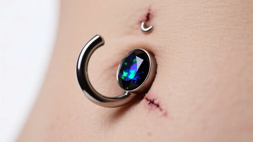 Close-up of a healed navel piercing with a sleek titanium curved barbell and bezel-set black opal, lit by soft studio lighting.