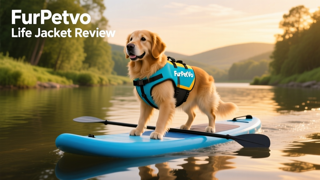 A dog riding a paddle board on a river while wearing a FurPetVo life jacket