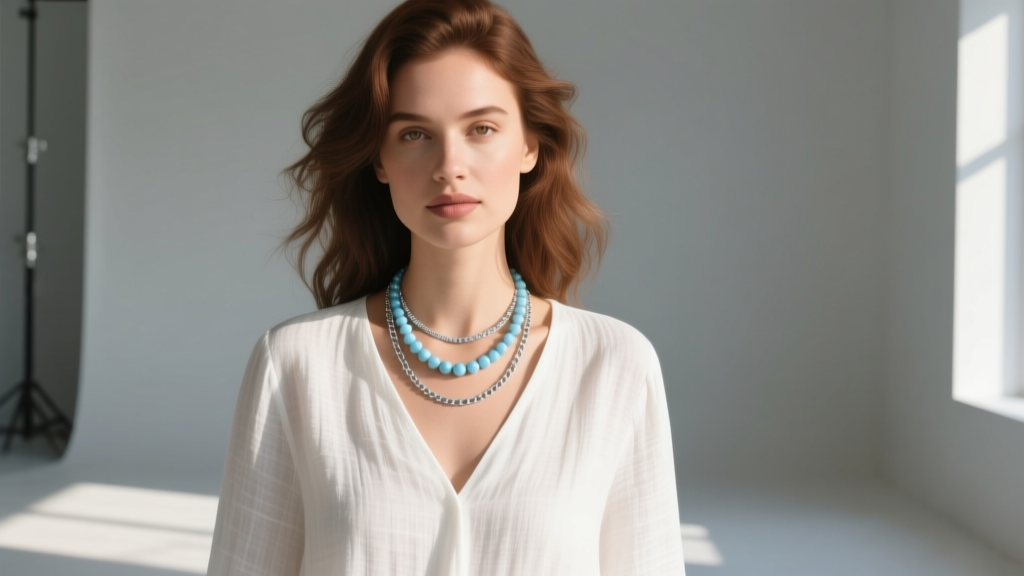 Woman wearing a light blue bead necklace layered with a silver chain over a white linen V-neck blouse in soft natural sunlight