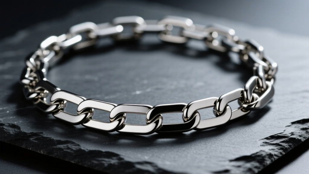 Macro photography of a heavy stainless steel blade chain necklace resting on dark slate, showcasing overlapping flat links.